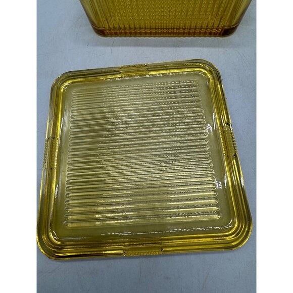 Vintage Square Federal Glass Yellow Ribbed Refrigerator Lidded Box 8.5" READ - Picture 5 of 7